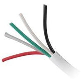 A white cable displaying green, red, and black wires within its casing.